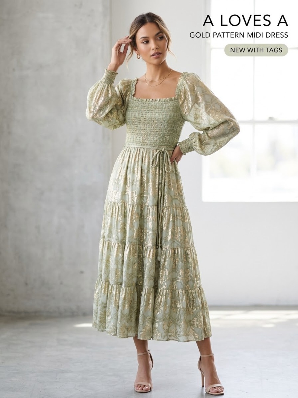 A Loves A Sage Midi Dress with Gold Accents